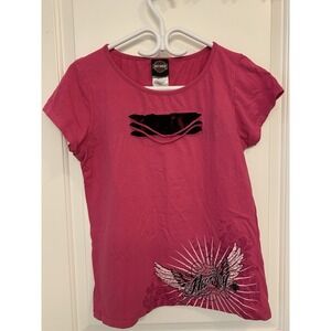 Y2K Harley Davidson T-shirt XL Pink Keyhole Cut Out Lace Angel Wings Biker Moto